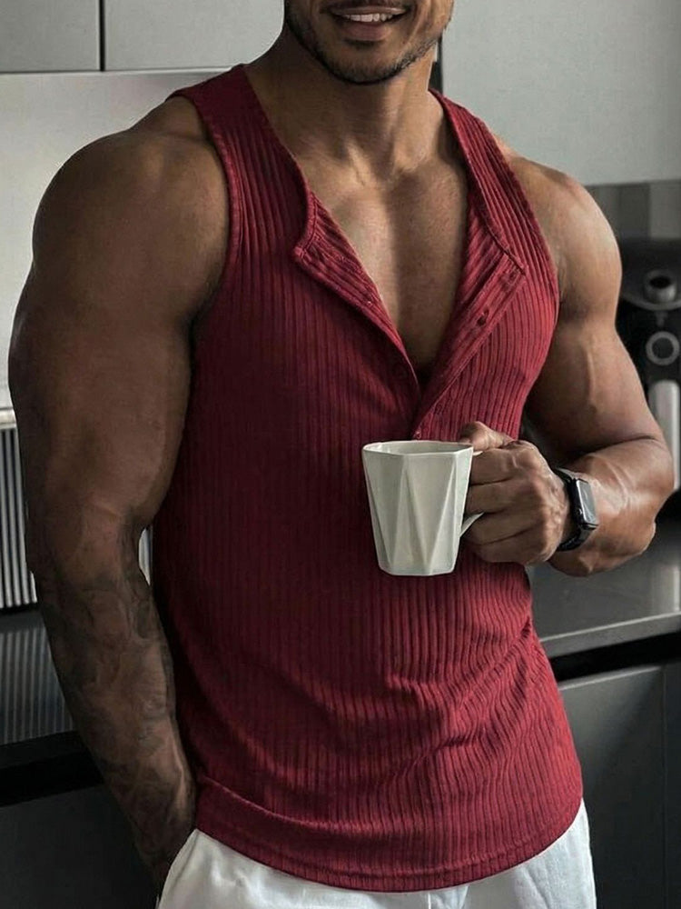 Casual Sporty Vertical Ribbed Henley Tank Top - Red