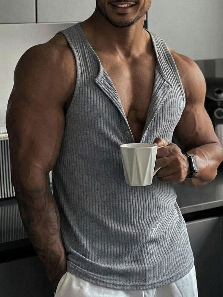 Casual Sporty Vertical Ribbed Henley Tank Top - Light Gray