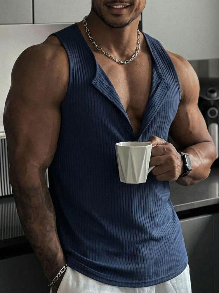 Casual Sporty Vertical Ribbed Henley Tank Top - Navy Blue