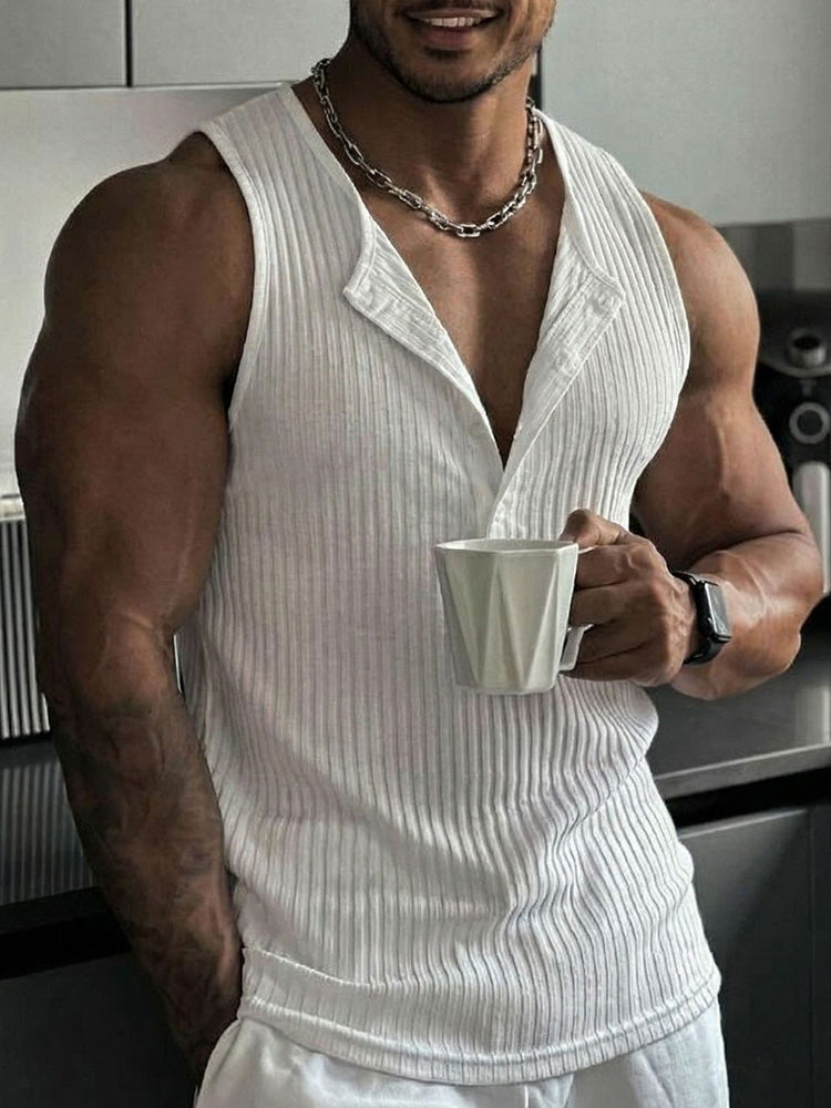 Casual Sporty Vertical Ribbed Henley Tank Top - White