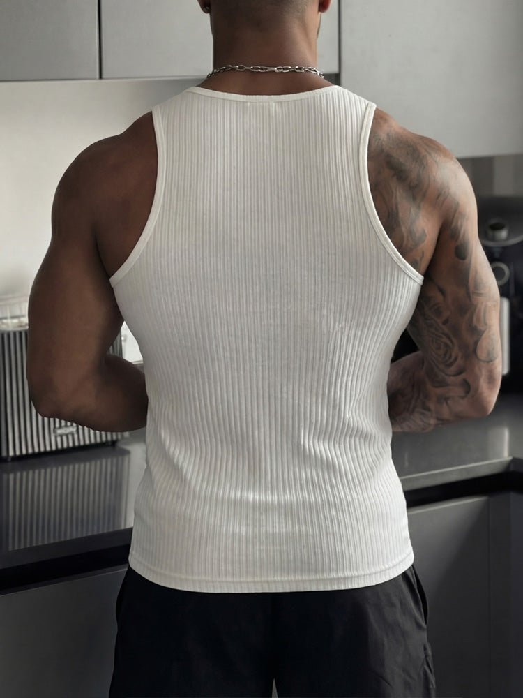 Casual Sporty Vertical Ribbed Henley Tank Top - White