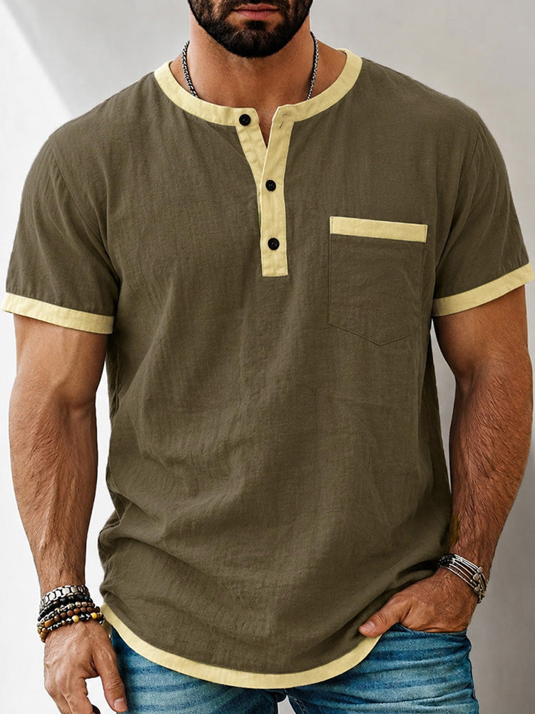 Men's Contrast Trim Henley Short Sleeve Cotton Linen Shirt - Coffee