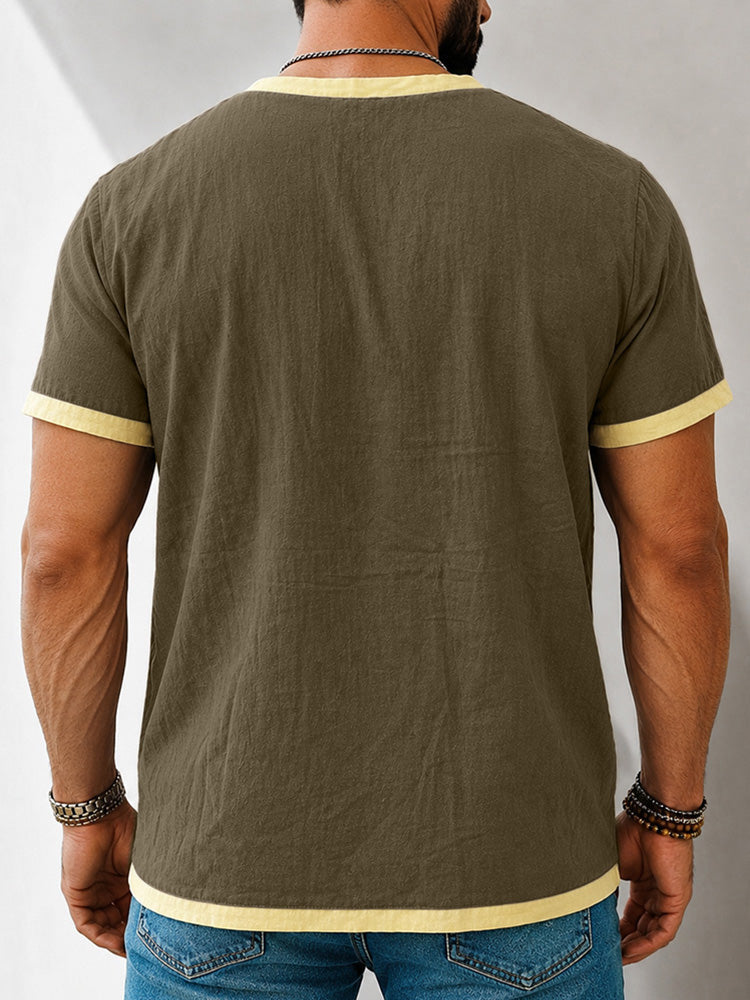 Men's Contrast Trim Henley Short Sleeve Cotton Linen Shirt - Coffee