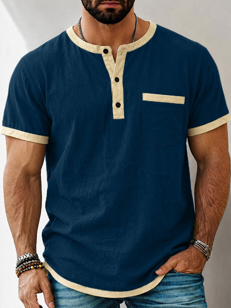 Men's Contrast Trim Henley Short Sleeve Cotton Linen Shirt - Navy blue