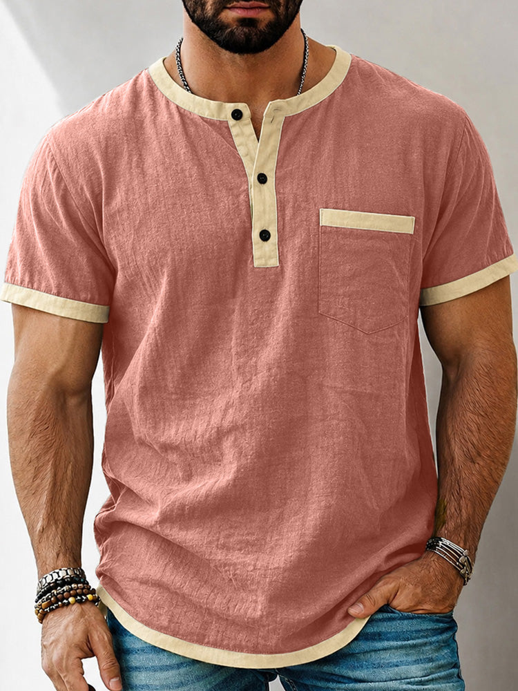 Men's Contrast Trim Henley Short Sleeve Cotton Linen Shirt - Pink