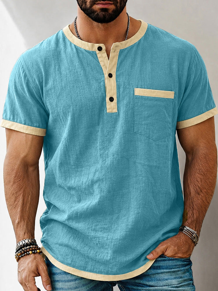 Men's Contrast Trim Henley Short Sleeve Cotton Linen Shirt - Sky blue