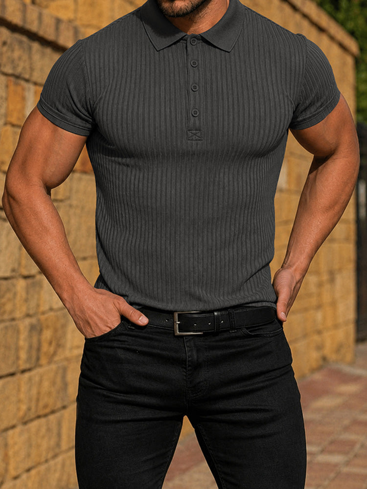 Men's Slim Fit Ribbed Knit Short Sleeve Polo Shirt - Dark gray