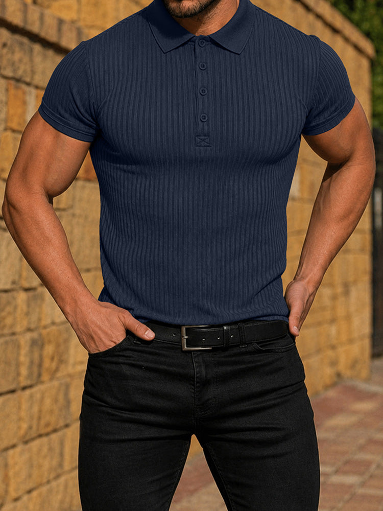 Men's Slim Fit Ribbed Knit Short Sleeve Polo Shirt - Navy blue