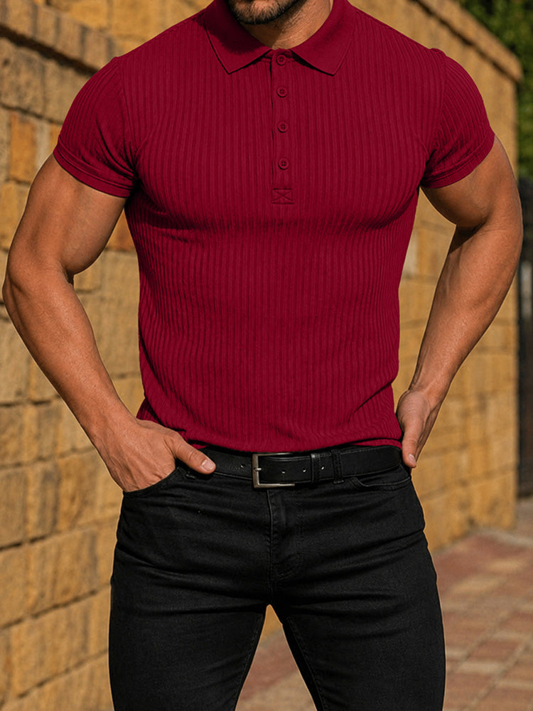 Men's Slim Fit Ribbed Knit Short Sleeve Polo Shirt - Red