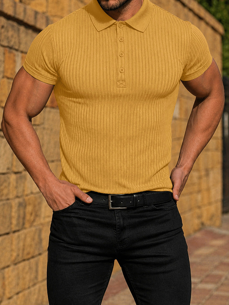 Men's Slim Fit Ribbed Knit Short Sleeve Polo Shirt - Yellow