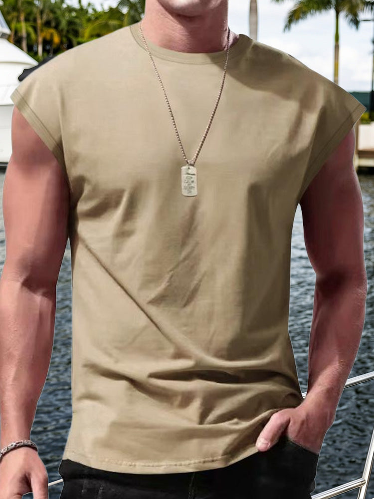 Men's Minimalist Drop Shoulder Sleeveless Tee - Khaki