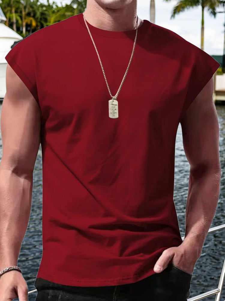 Men's Minimalist Drop Shoulder Sleeveless Tee - Wine Red