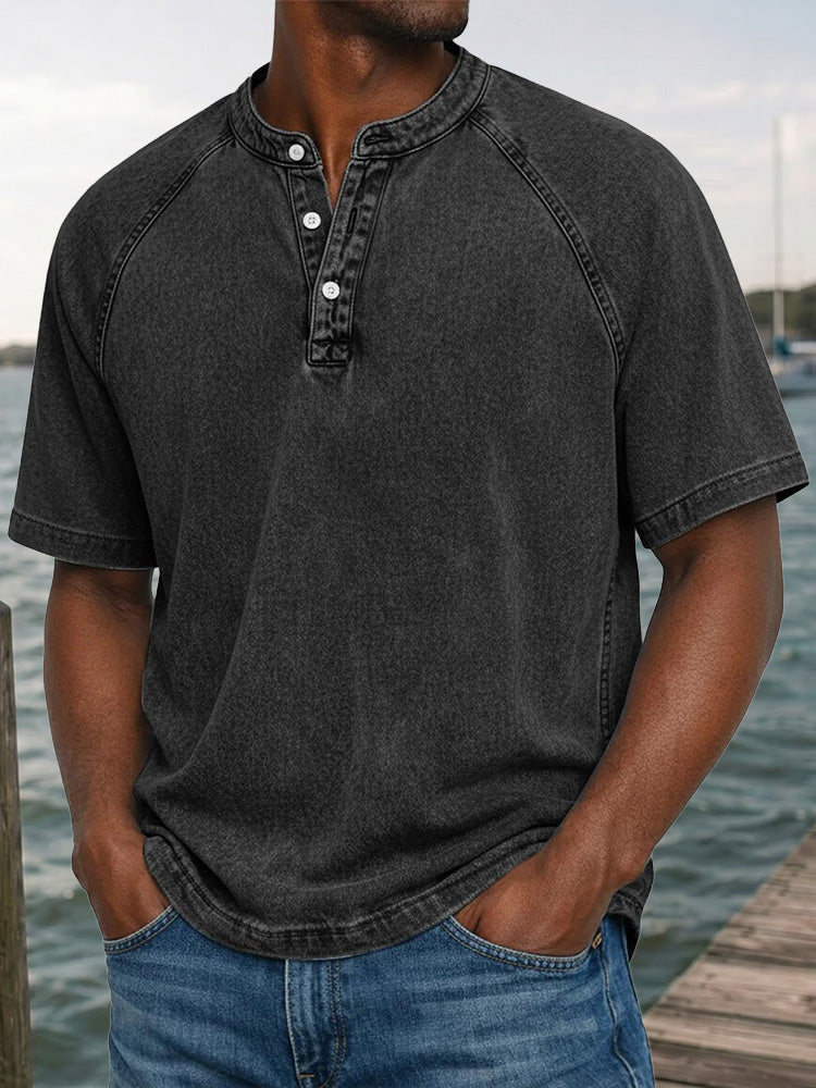 Men's Washed Denim-Look Henley Raglan Short Sleeve Tee - Black