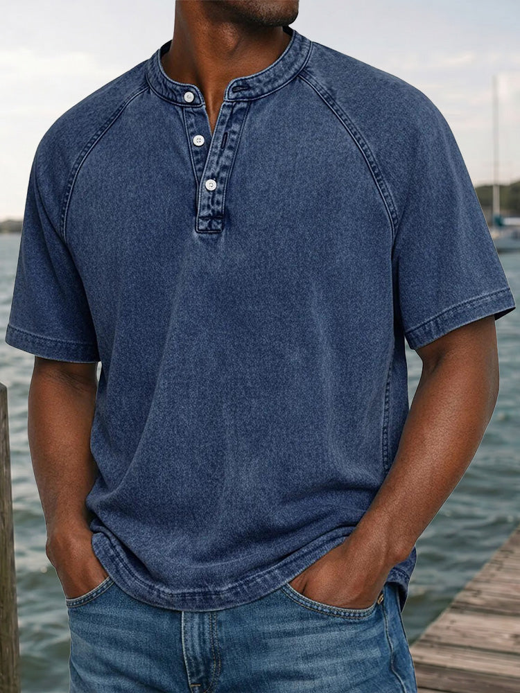 Men's Washed Denim-Look Henley Raglan Short Sleeve Tee - Dark blue