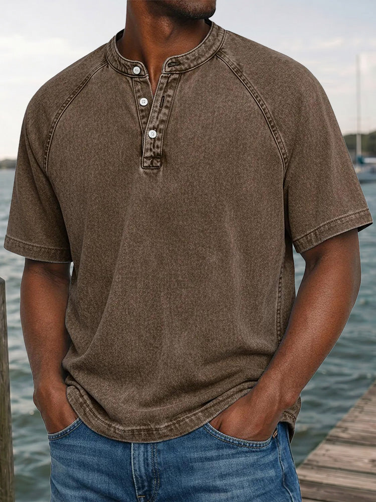 Men's Washed Denim-Look Henley Raglan Short Sleeve Tee - Dark brown