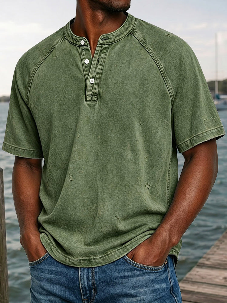 Men's Washed Denim-Look Henley Raglan Short Sleeve Tee - Green