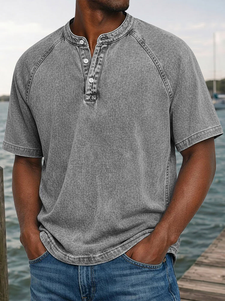 Men's Washed Denim-Look Henley Raglan Short Sleeve Tee - Gray