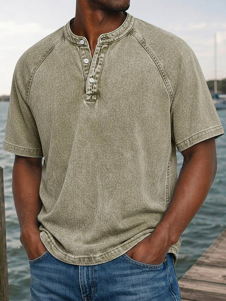 Men's Washed Denim-Look Henley Raglan Short Sleeve Tee - Khaki