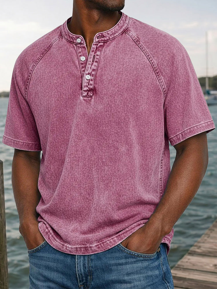 Men's Washed Denim-Look Henley Raglan Short Sleeve Tee - Pink