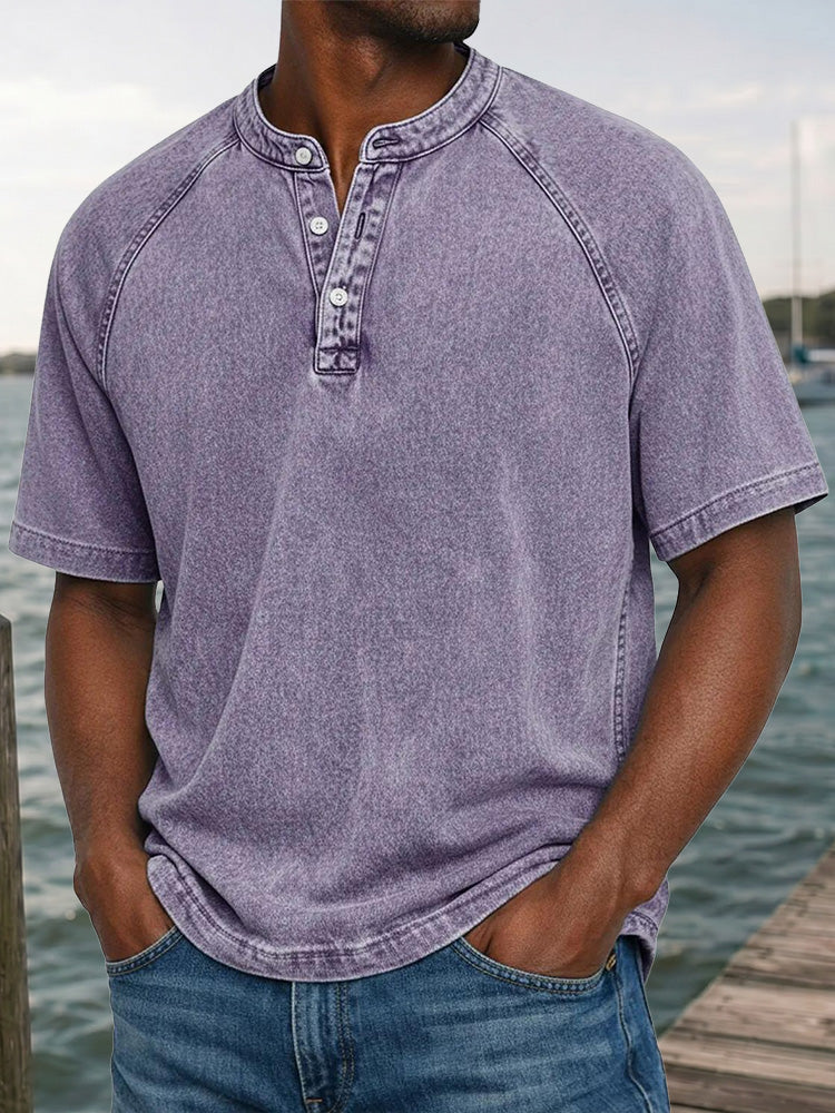 Men's Washed Denim-Look Henley Raglan Short Sleeve Tee - Purple