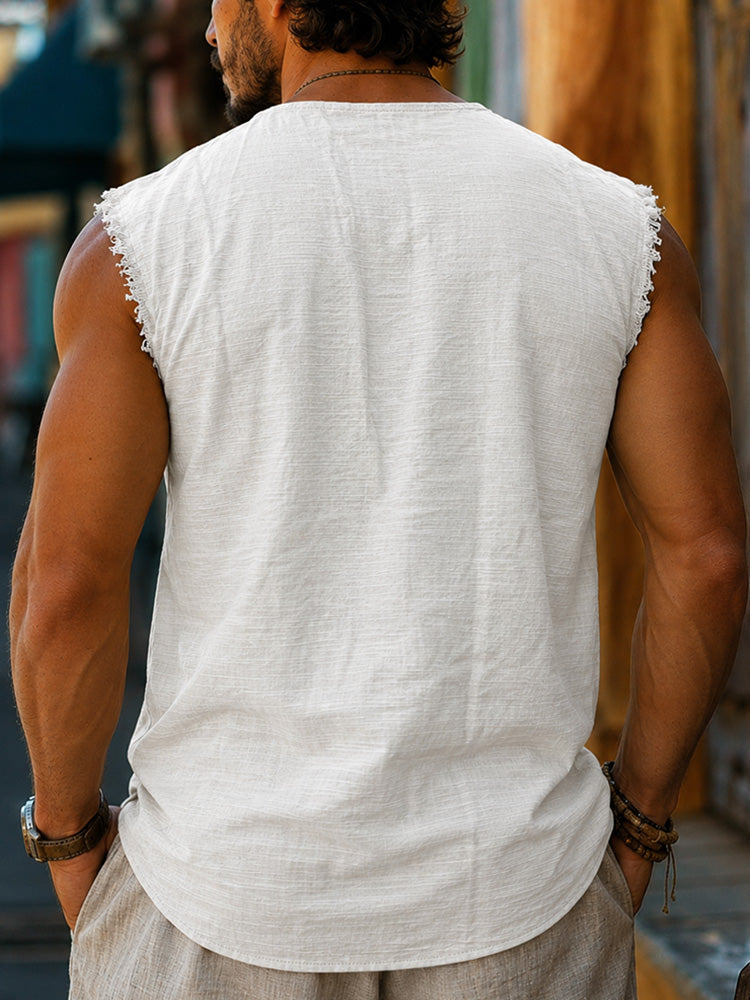 Men's Frayed Edge Henley Sleeveless Tank Top - White