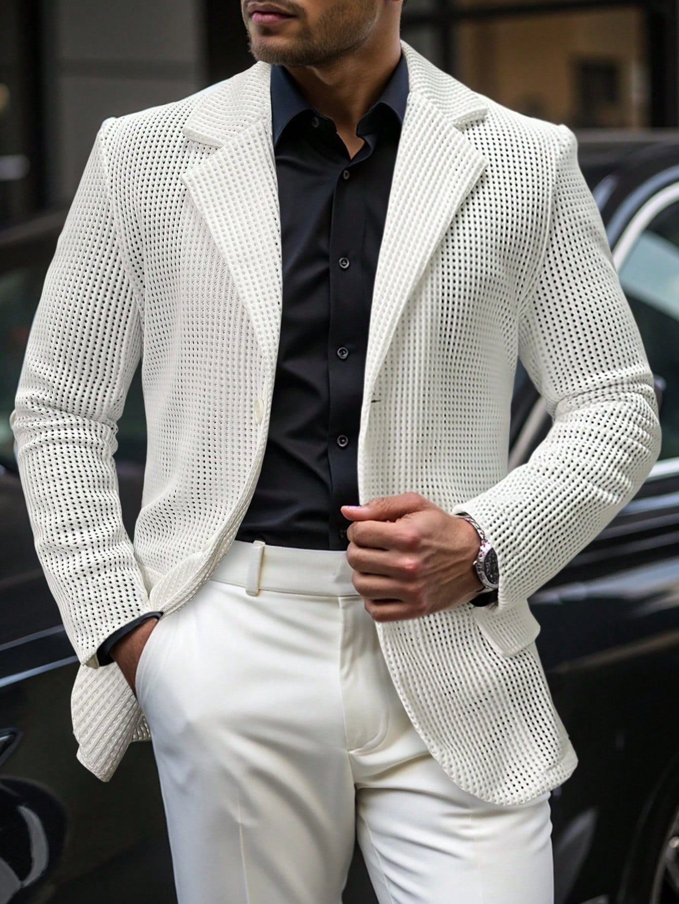 Men's Relaxed Hollow-Out Mesh Blazer - White