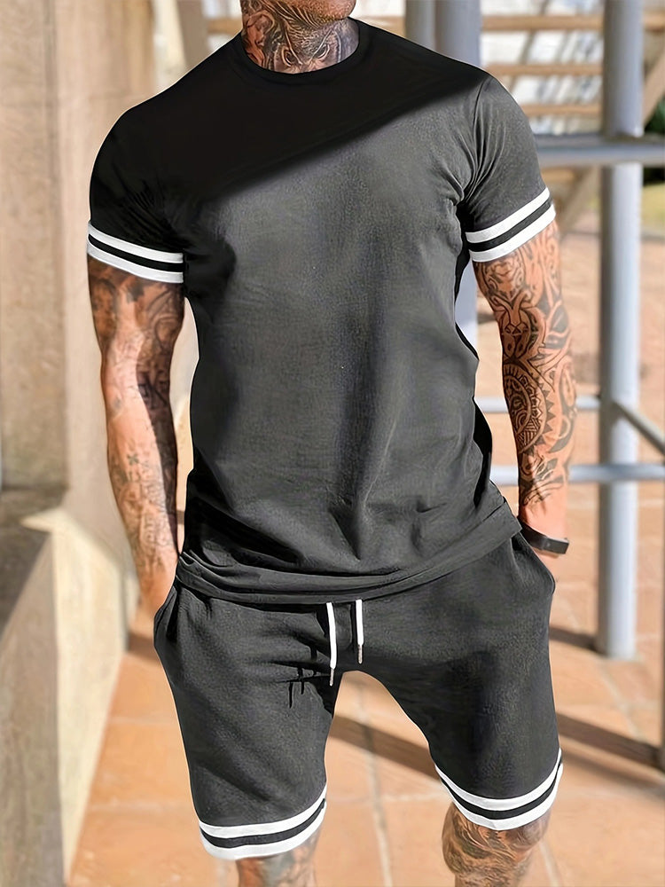 Men's Contrast Stripe 2-Piece Short Sleeve Tee & Shorts Set - Dark gray