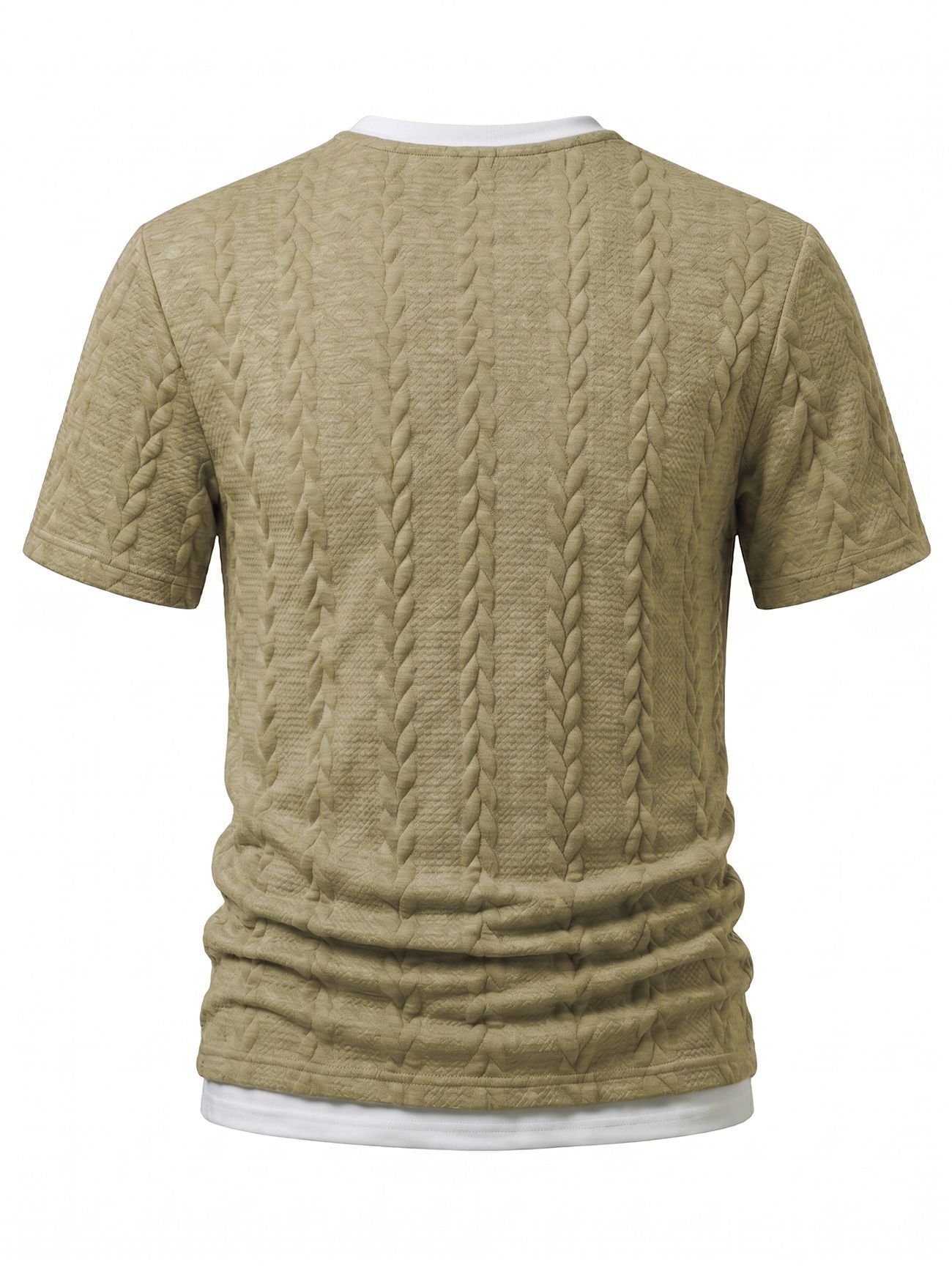 Cable Knit Faux Two-Piece Short Sleeve T-Shirt - Khaki