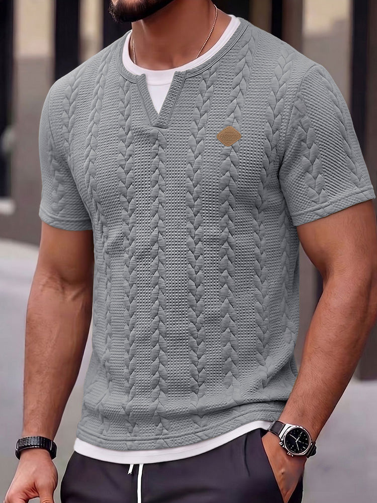 Cable Knit Faux Two-Piece Short Sleeve T-Shirt - Light grey