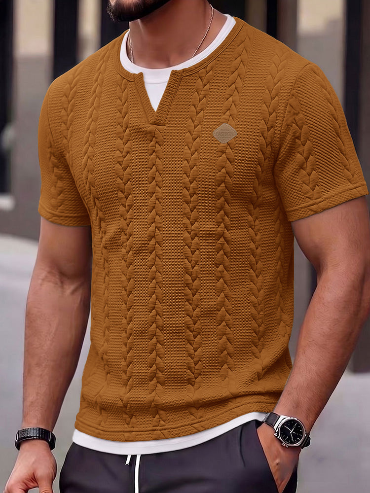 Cable Knit Faux Two-Piece Short Sleeve T-Shirt - Orange red