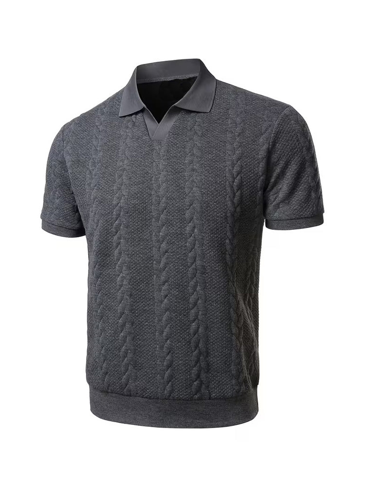 Men's Cable Knit Short Sleeve Polo Shirt - Dark gray