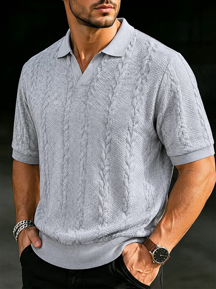 Men's Cable Knit Short Sleeve Polo Shirt - Light grey