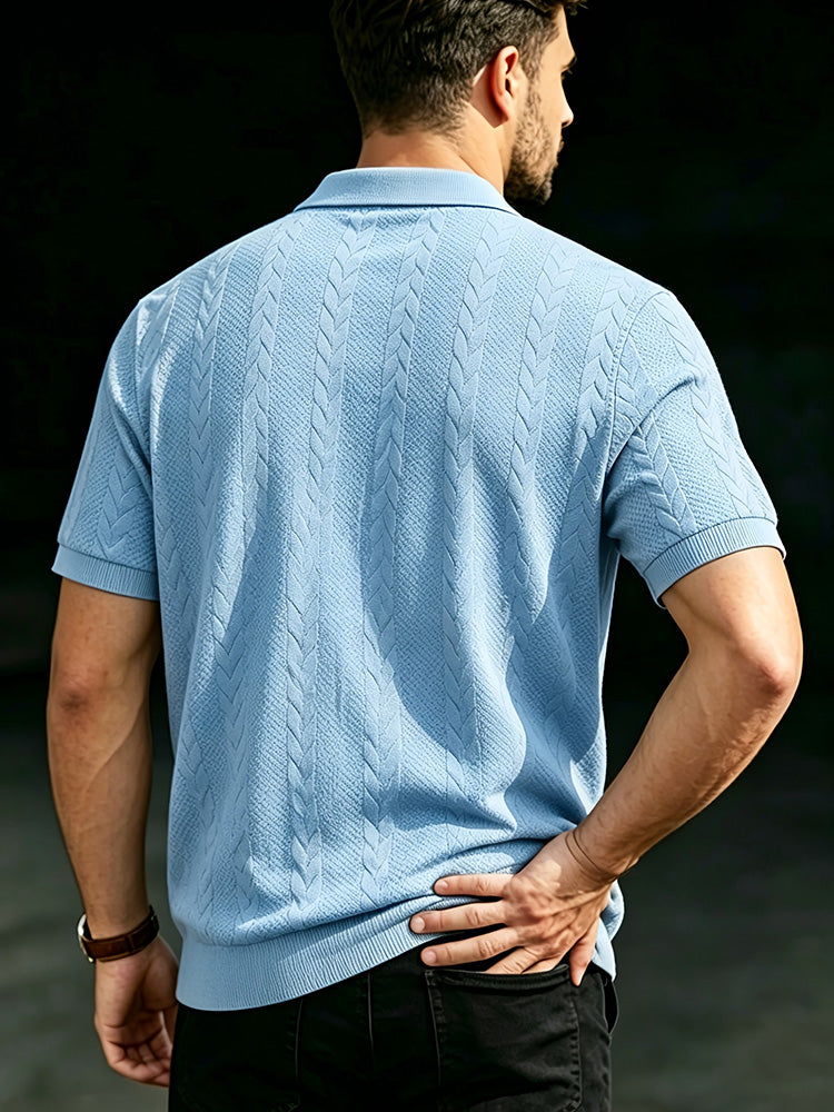 Men's Cable Knit Short Sleeve Polo Shirt - Sky blue
