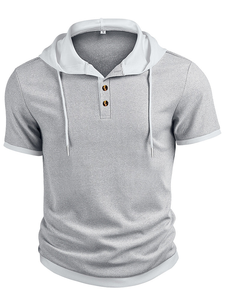 Waffle Knit Hoodie 2-Piece Short Sleeve Set with Shorts - Gray
