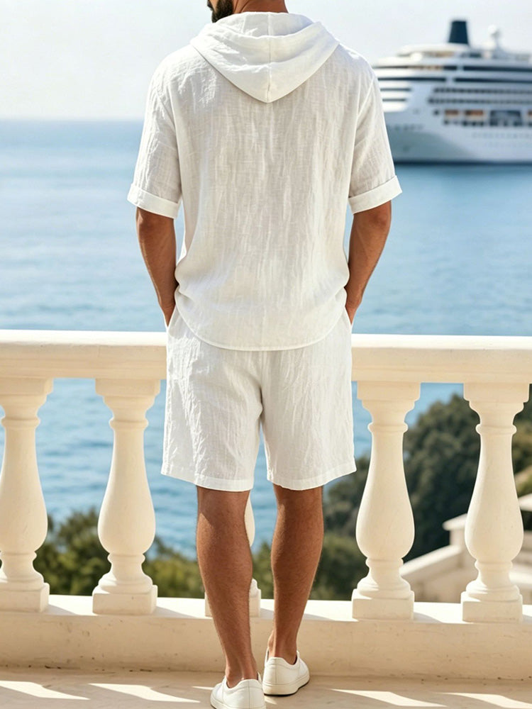 Washed Cotton Linen Hoodie 2-Piece Short - White