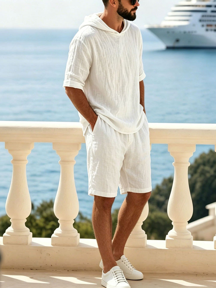 Washed Cotton Linen Hoodie 2-Piece Short - White