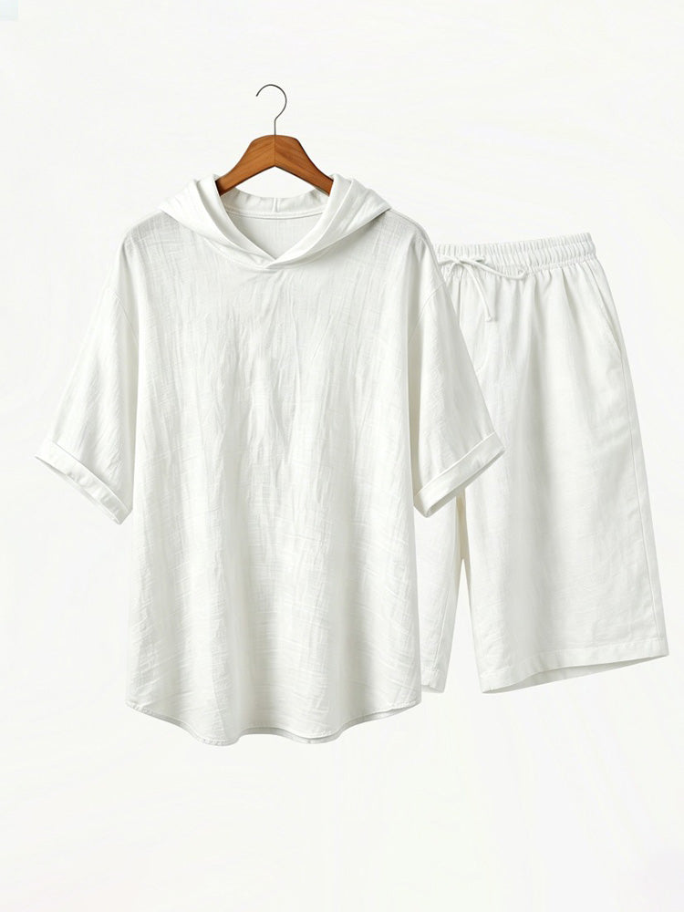 Washed Cotton Linen Hoodie 2-Piece Short - White