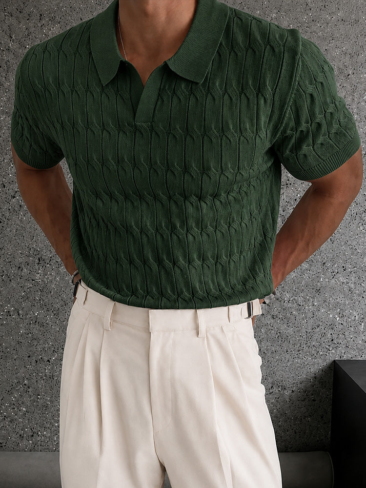 Knit Polo Shirt Short Sleeve Textured Cable - Green