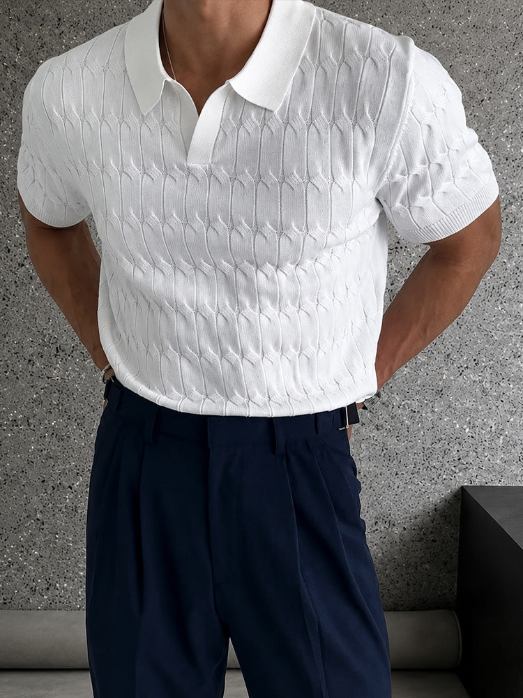 Knit Polo Shirt Short Sleeve Textured Cable - White