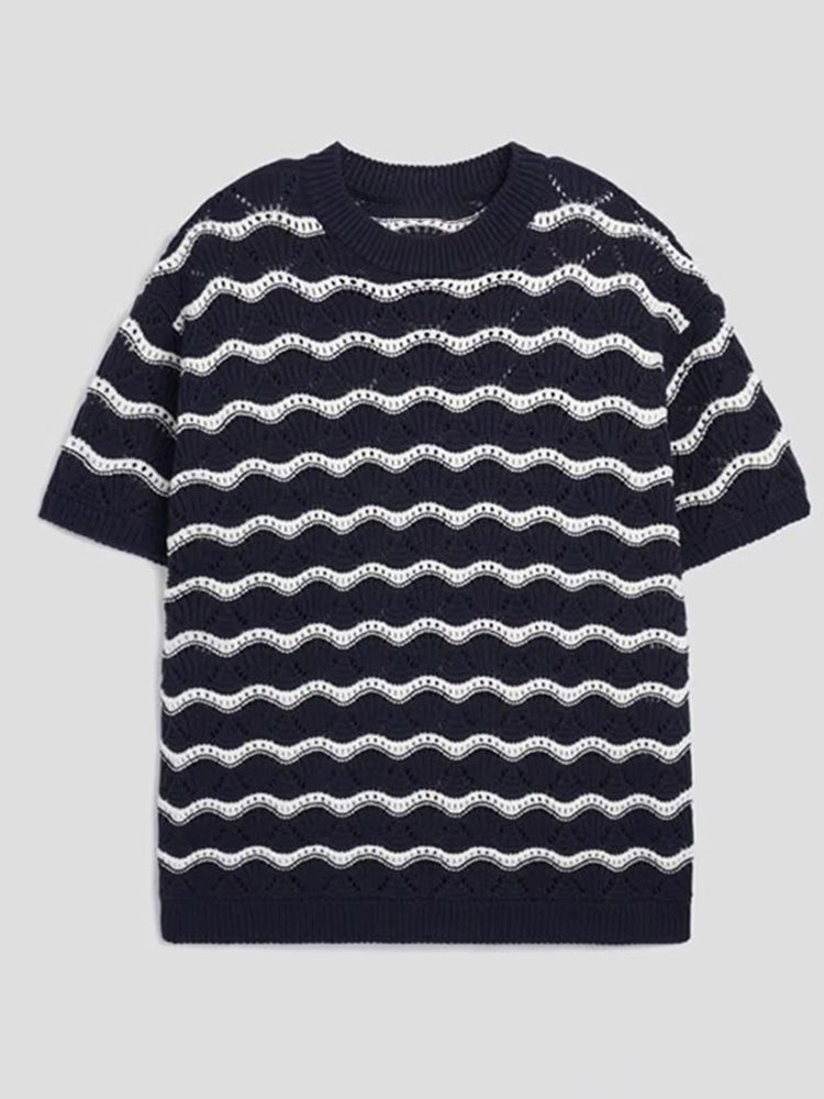 Sweater Wavy Scalloped Openwork Crew Neck Top - Black