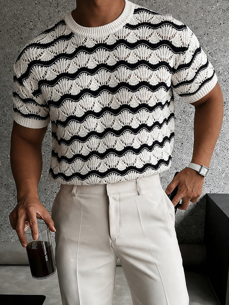 Sweater Wavy Scalloped Openwork Crew Neck Top - White