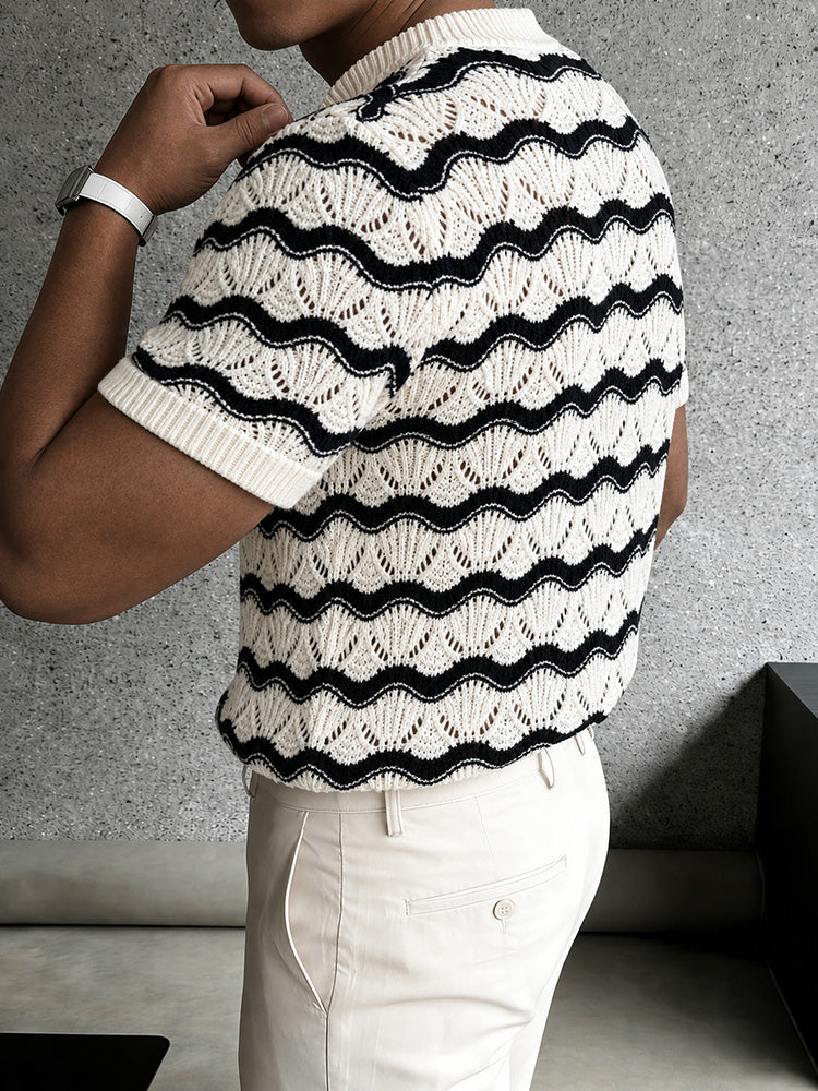 Sweater Wavy Scalloped Openwork Crew Neck Top - White