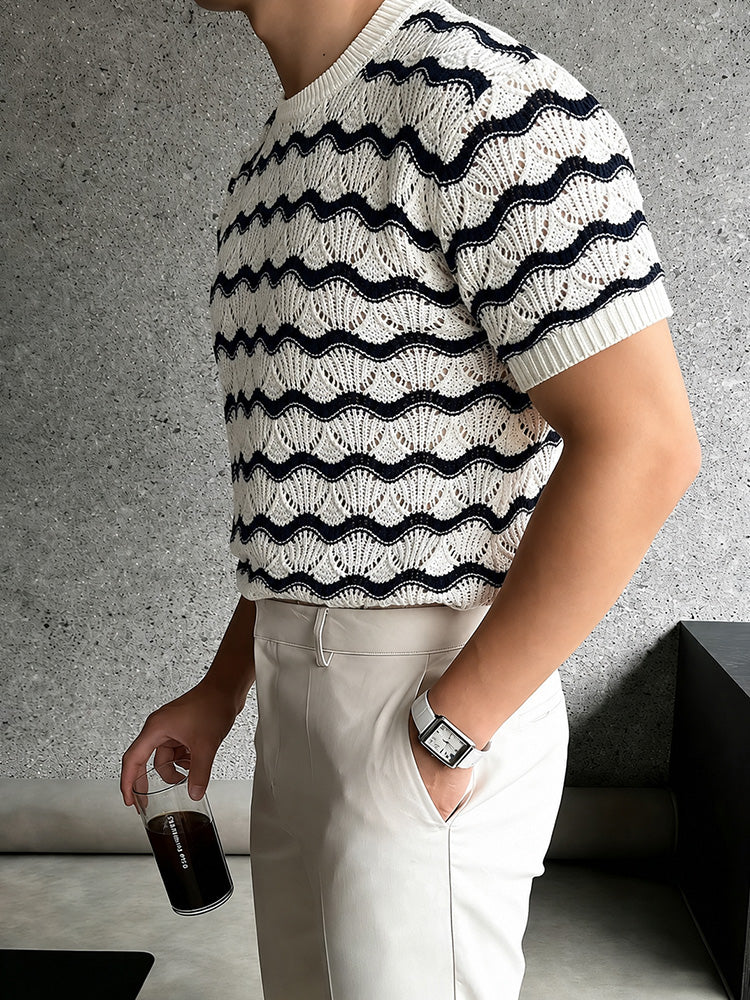 Sweater Wavy Scalloped Openwork Crew Neck Top - White