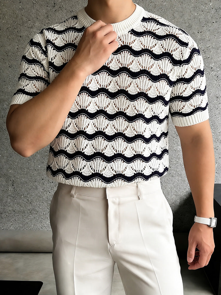 Sweater Wavy Scalloped Openwork Crew Neck Top - White