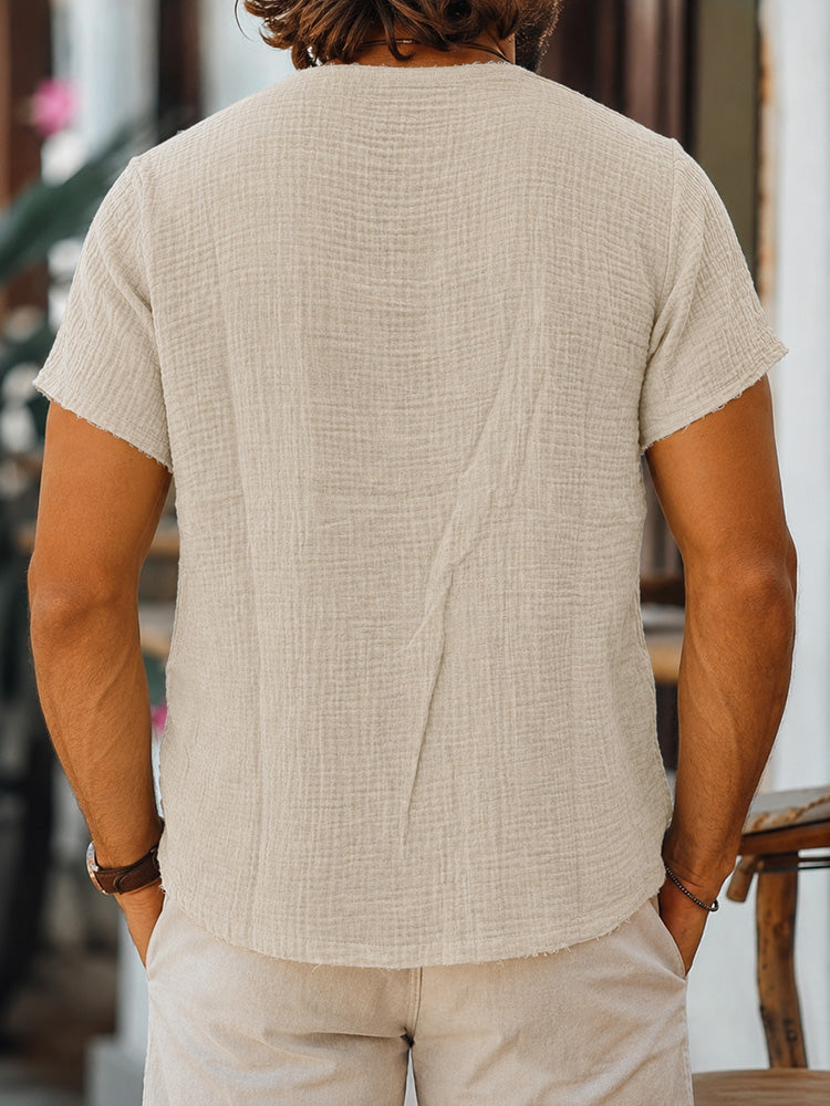 Short Sleeve Raw Edge Textured Double Gauze Casual Beach Tee - Apricot