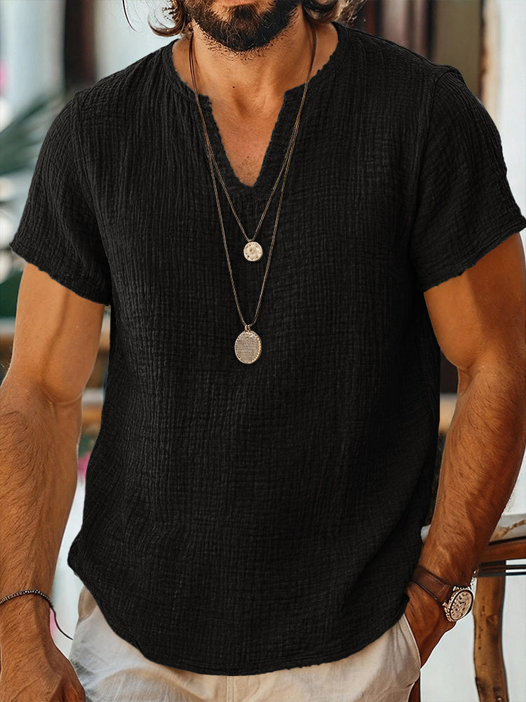 Short Sleeve Raw Edge Textured Double Gauze Casual Beach Tee - Black