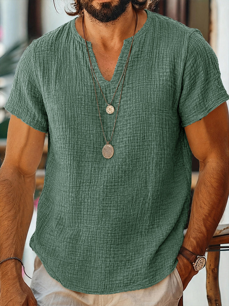 Short Sleeve Raw Edge Textured Double Gauze Casual Beach Tee - Green