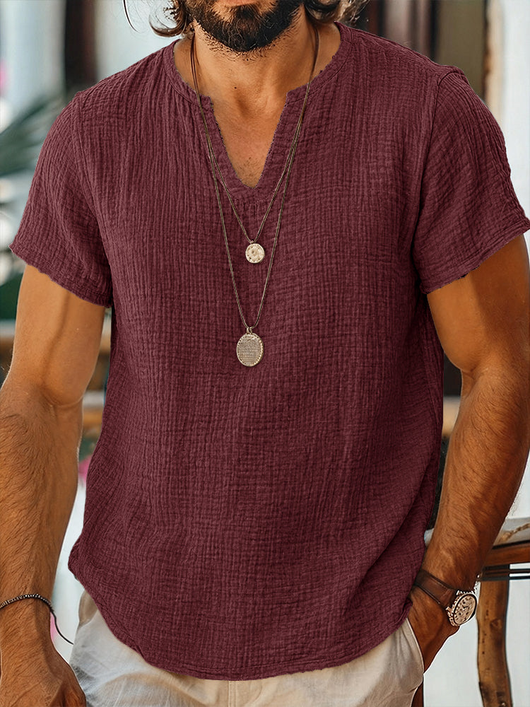 Short Sleeve Raw Edge Textured Double Gauze Casual Beach Tee - Wine Red