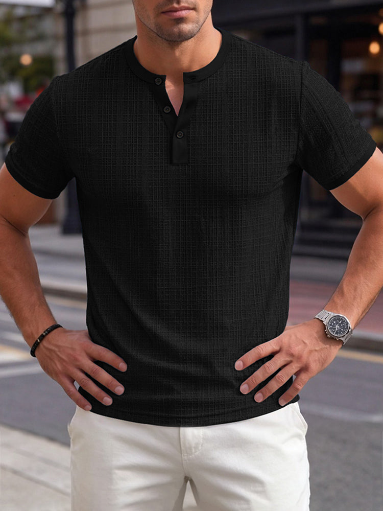 Short Sleeve Three-Button Placket Banded Collar Textured Grid Knit Casual Tee - Black