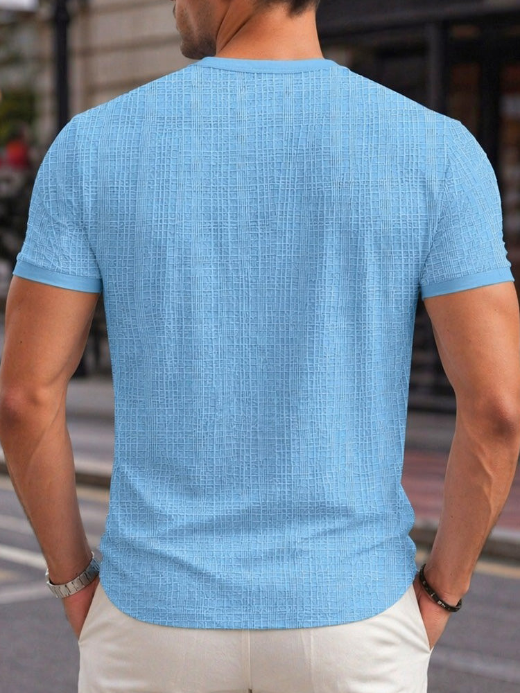 Short Sleeve Three-Button Placket Banded Collar Textured Grid Knit Casual Tee - Clear blue